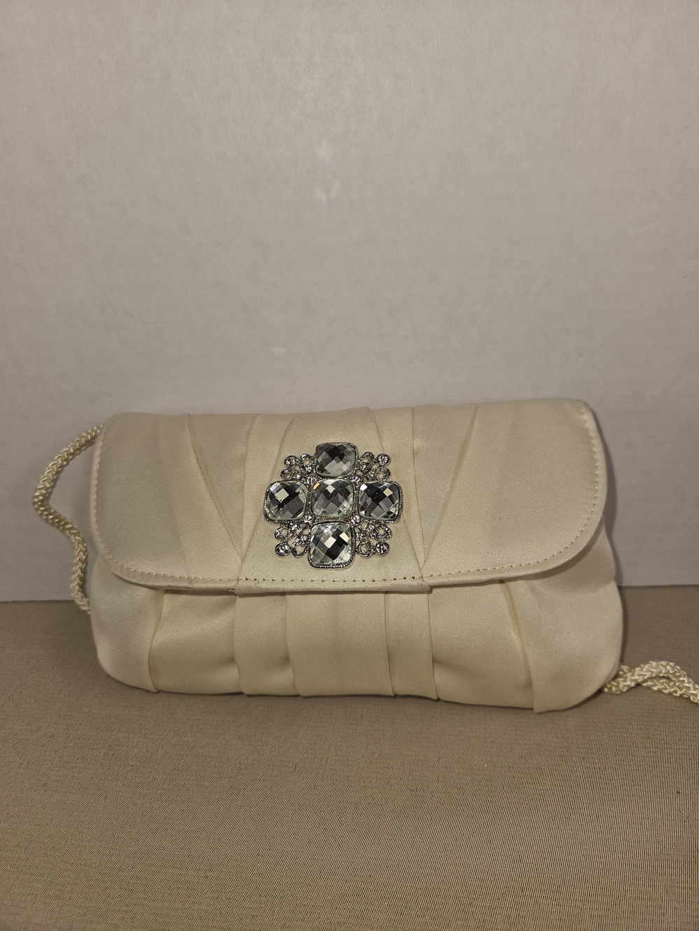 NWT La Regale Cream Satin Mini Evening Bag with Crystal Accent